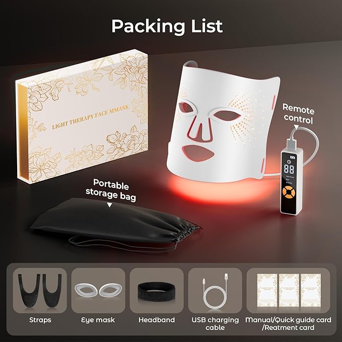 Red Light Therapy for Face-LED Face Mask Light Therapy with 3 Gears,2500mAh Battery,Remote Control,Infrared Red Light Therapy Mask for Home Working Travel Yoga Sleep