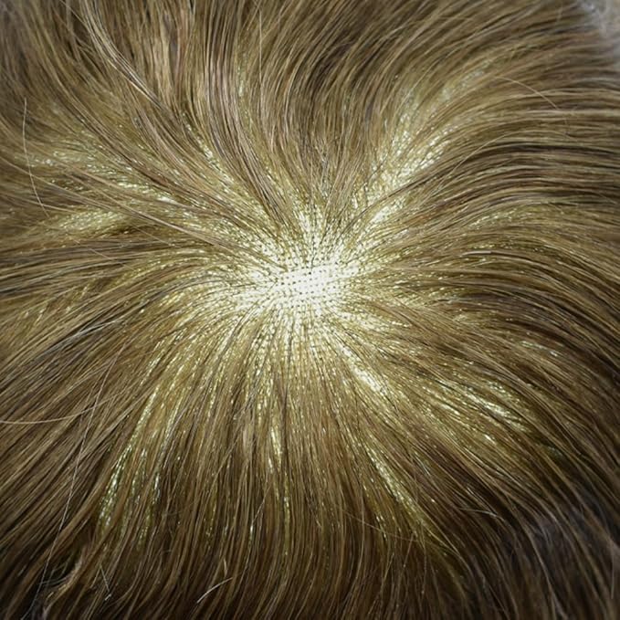 Mens Toupee Human Hair Piece French Lace Toupee for Man Hair System Indian Human Hair Replacement Systems V-Looped PU Front Hairpieces 7"X9" 17#DARK ASH BLONDE