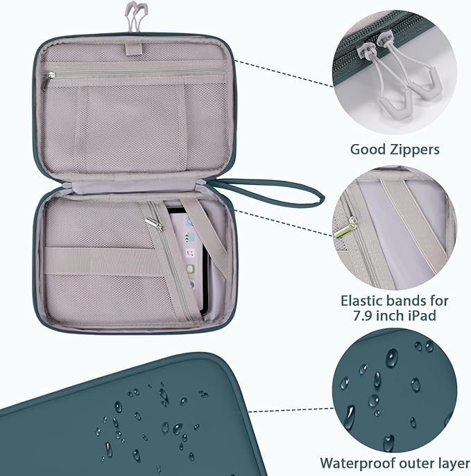 DDgro Electronics Travel Organizer Case for Cables/Cords/Chargers/Tech Essentials, Double Layers (Aqua Blue, PU-Large)