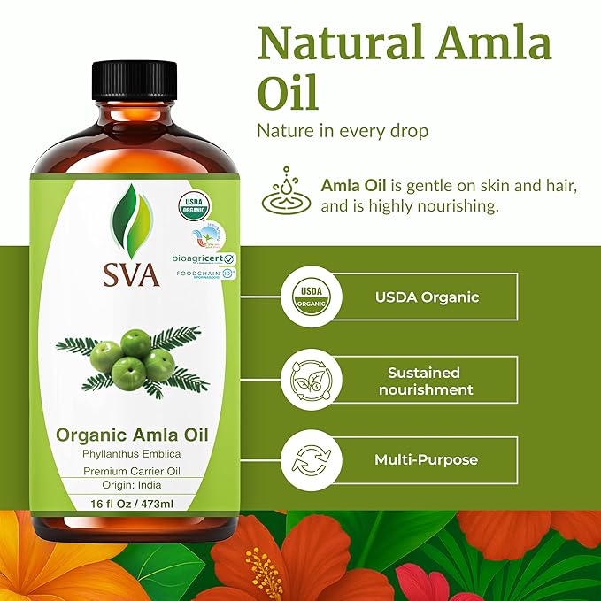 SVA Amla Oil Organic - 16 Fl Oz – 100% Natural Cold Pressed Organic Amla - for Face, Skin Care, Hair Care, Scalp Massage & Body Massage – Carrier Oil