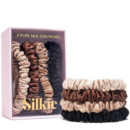 SILKIE x4 Set - Forget Satin - 100% Pure Mulberry Silk Black Brown Skinny Scrunchies Travel Pouch Everyday Hair Ties Elastics Hair Care Ponytail Holder No Damage (Chocolate)