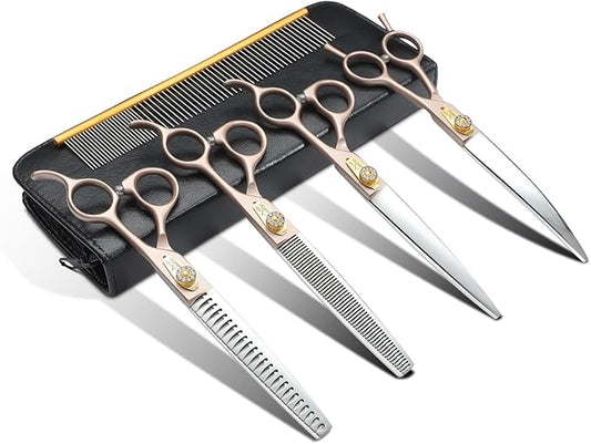 JASON Professional 6 in 1 Dog Scissors Kit - 7.5" Thinning, Chunker, Straight, Curved Shears and Comb for Cat, Rosegold