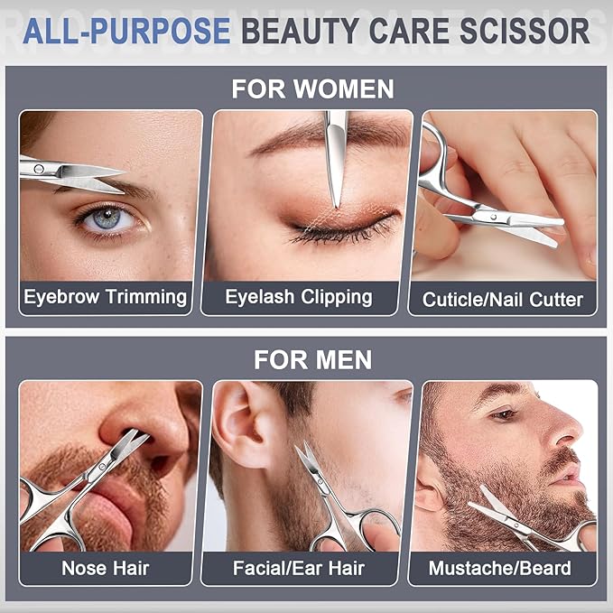 2Pack Small Eyebrow Scissors, Stainless Steel Nose Hair Trimming Scissors with Rounded Tips, Precision Grooming for Beard/Mustache/Facial Hair, Travel Friendly & Safe for Men Women