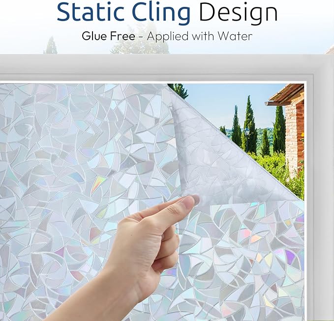 rabbitgoo Window Privacy Film Rainbow Film Decorative Window Sticker, 3D Static Stained Glass Cling Tint for Home Heat Control Non-Adhesive, Grayish Silver, 23.5 x 78.7 inches