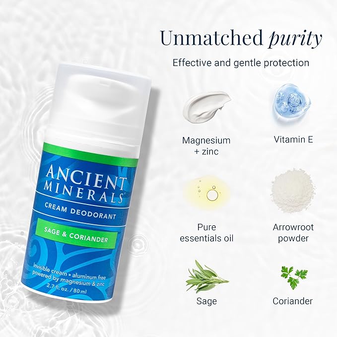 Ancient Minerals Natural Deodorant Cream – Sage & Coriander Scent, Aluminum-Free, Vegan Deodorant for Women and Men with Magnesium, Zinc & Vitamin E, for Sensitive Skin, 2 oz