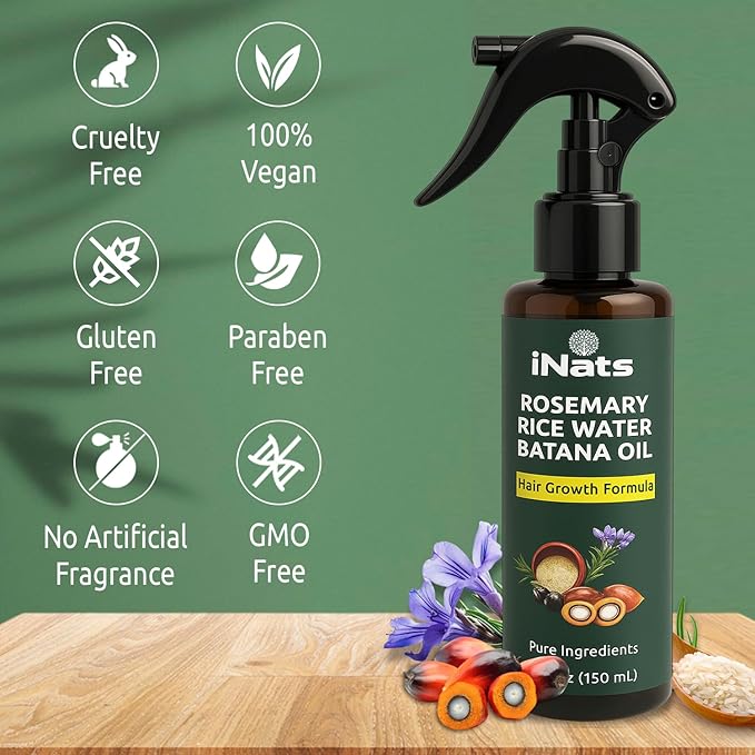 Rosemary Water Spray for Hair Growth w/Rice Water, Biotin, Batana & Peppermint Oil – Non-Sticky Organic Hair Growth Spray to Control Hair fall & Strengthen Strands - For Men & Women – 5 fl oz
