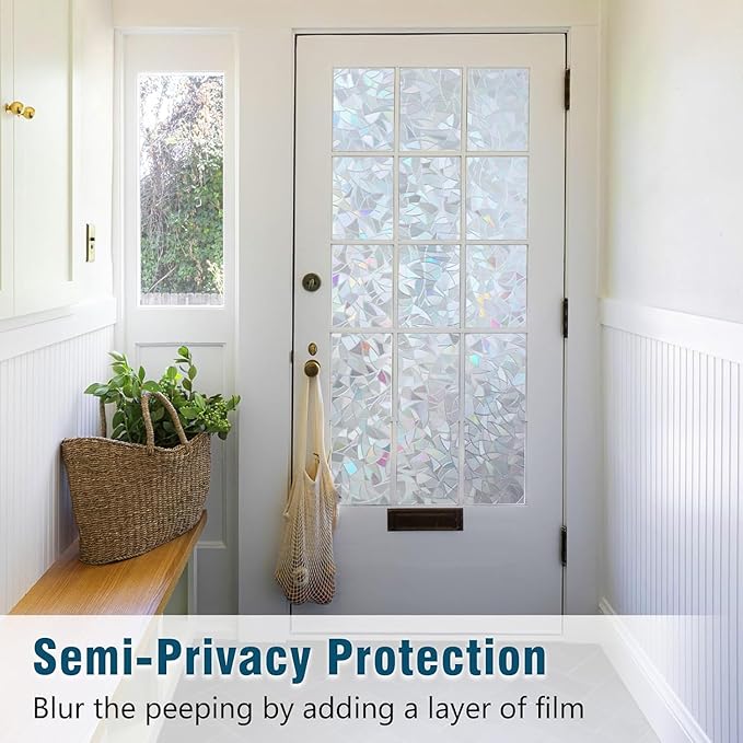 rabbitgoo Window Privacy Film Rainbow Film Decorative Window Sticker, 3D Static Stained Glass Cling Tint for Home Heat Control Non-Adhesive, Grayish Silver, 11.8 x 157.4 inches