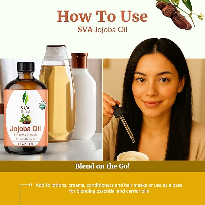 SVA Jojoba Seed Oil Organic - 4 Fl Oz – 100% Natural Cold Pressed Organic Jojoba Oil - for Face, Skin Care, Hair Care, Scalp Massage & Body Massage – Carrier Oil with Dropper