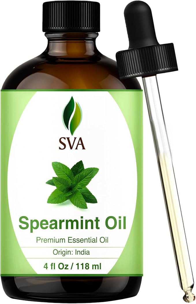 SVA Spearmint Essential Oil – 4 Fl Oz – 100% Natural Spearmint Oil - for Diffuser, Hair Care, Face, Skin Care, Aromatherapy, Scalp and Body Massage, Soap and Candle Making – with Dropper