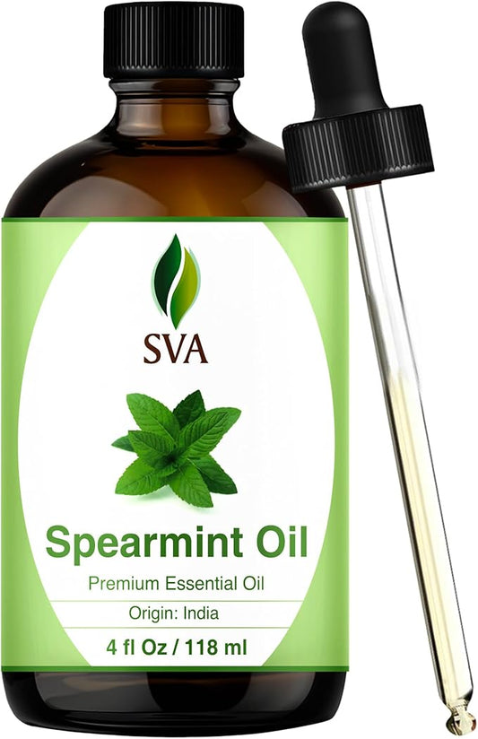 SVA Spearmint Essential Oil – 4 Fl Oz – 100% Natural Spearmint Oil - for Diffuser, Hair Care, Face, Skin Care, Aromatherapy, Scalp and Body Massage, Soap and Candle Making – with Dropper