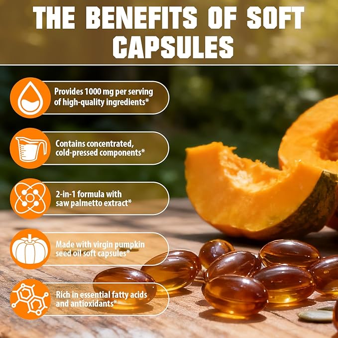 Pumpkin Seed Oil Capsules | Pumpkin Seed Oil with Saw Palmetto Softgels | Organic Pumpkin Seed Extract for Hair Growth, Bladder & Prostate Health | Cold Pressed & Pure Virgin, 1000mg, 120 Softgels