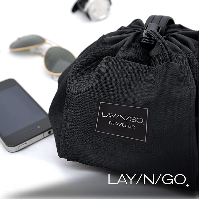 Lay-n-Go Drawstring Toiletry Bag - Water-Resistant 4-In-1 Lay Flat Toiletry Bag - Durable, Easy-To-Clean Travel - For Men & Women - Machine Washable & Compact (20", Black)