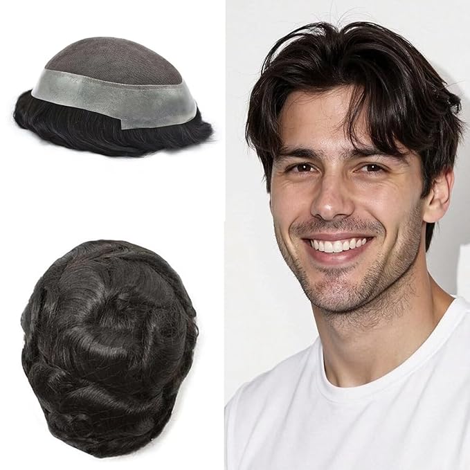 FACE MIRACLE Toupee for Men French Lace Hairpiece Human Hair Replacement System Skin PU Mens Toupee V-Looped Front Hair Piece 6"X8" #1B Off Black-120% medium light to medium density