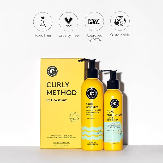 COCUNAT Curly Method 2-Step Kit - Leave-In Curl Moisturizer + Curl Booster Gel - Defines, Hydrates & Controls Frizz for Perfect Curls - Strengthens & Smooths - 250ml + 150m