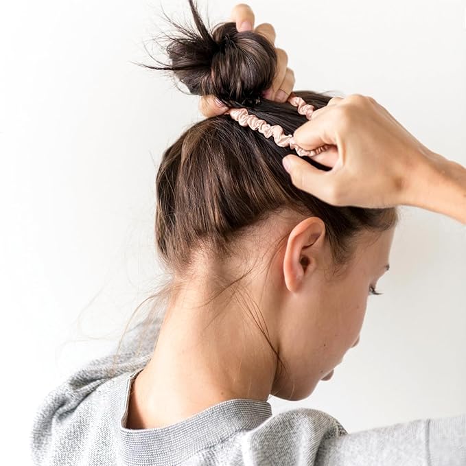 OLESILK Silk Hair Ties for Women: 100% Mulberry Skinny Silk Scrunchies, Soft Smooth No Damage No Crease for Thin Fine Curly Hair 5 Pack, Brown