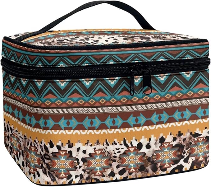 JoyLamoria Tote Bag Large Capacity Cosmetic Bag Toiletry Bag Case Zipper Closure Makeup Bag, Aztec Southwestern Leopard Print