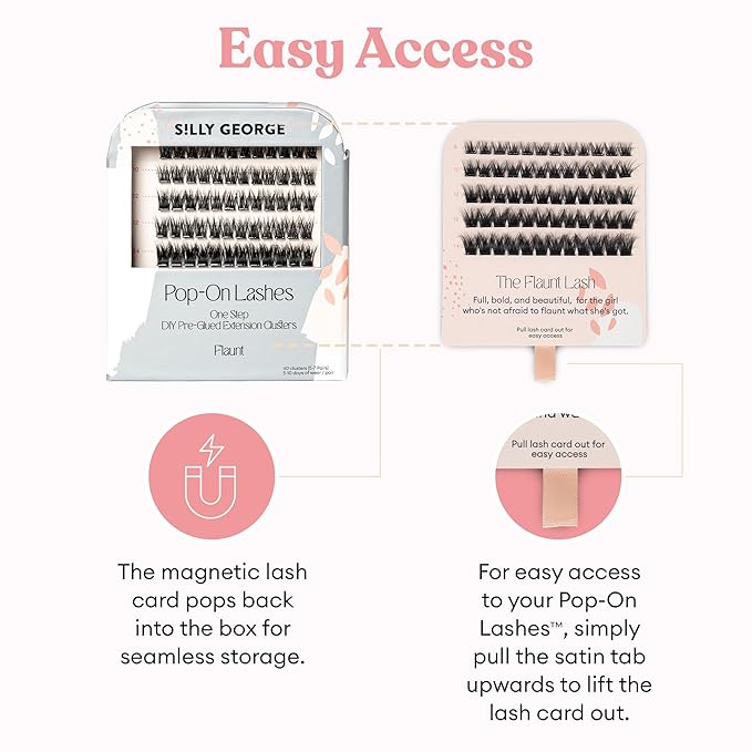 Silly George Pop-On Lashes - DIY 1-Step Pre-Glued Faux Eyelash Clusters, Natural Look Extensions, Black - Flaunt, 5-7 Pair Set, Pack of 60 Clusters