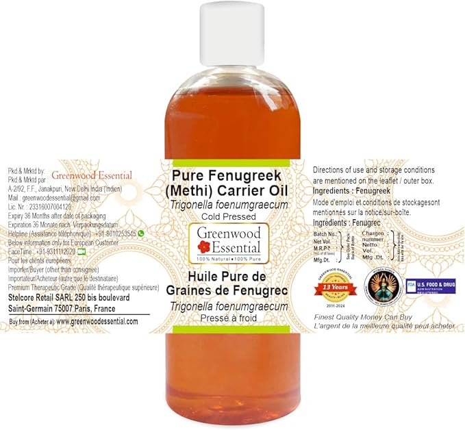 Greenwood Essential Fenugreek (Methi) Oil (Trigonella foenumgraecum) | Cold Pressed | Natural | Undiluted | For Diluting Essential Oils | For Hair, Skin & Massage | Men & Women | 200ml (6.76 oz)