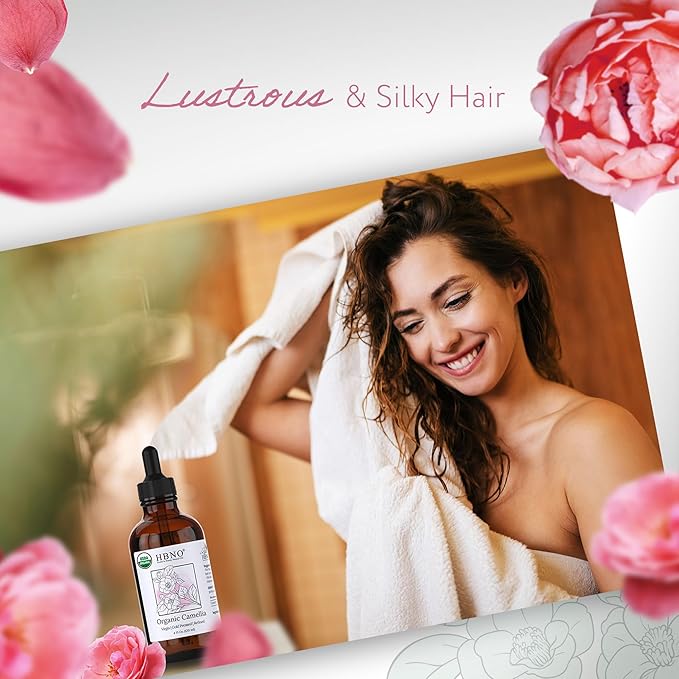 HBNO Organic Camellia Oil - Huge 4 oz (120ml) Value Size - USDA Certified Organic Camellia Oil, Cold Pressed Carrier Oil for Face, Body, Lips, Nails, Shampoo & Conditioner