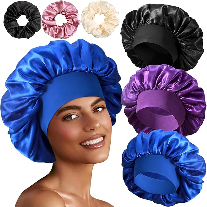 3+3 Large Satin Bonnets with Scrunchies for Women, Wide Band Hair Bonnet for Sleeping Braids Curly Hair