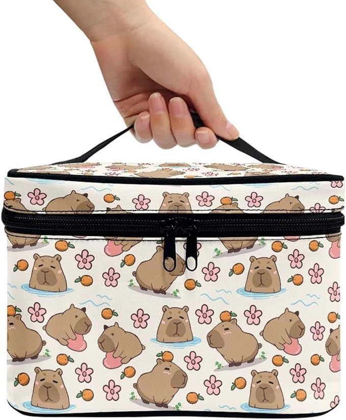 JoyLamoria Lightweight Cosmetic Case Travel Makeup Bag Cosmetic Pouch Tote Purse Cosmetic Bag with Floral Hippo Print