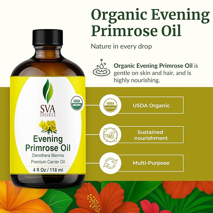 SVA Evening Primrose Oil Organic - 4 Fl Oz – 100% Natural Cold Pressed Organic Evening Primrose Oil - for Face, Skin Care, Hair Care, Scalp Massage & Body Massage – Carrier Oil with Dropper