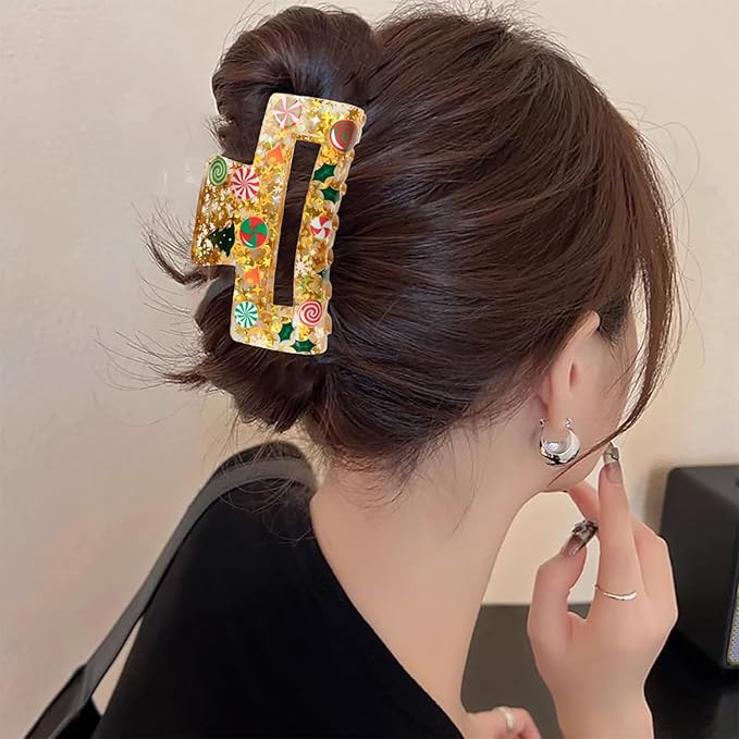Christmas Hair Clips, Square Hair Claw Clips for Thick/Thin Hair, Yellow Glitter Cane Candy Christmas Tree Design Medium Claw Clips, Strong Hold & Non-Slip Hair Styling Accessories for Xmas 1PCS