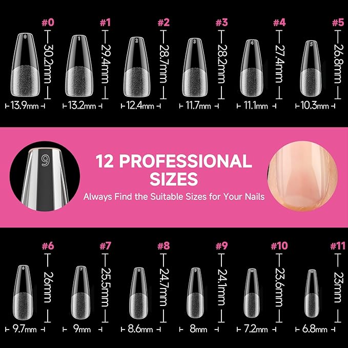 UNA GELLA Long Coffin Nail Tips, 312Pcs Gel Nails Tips Coffin Pre-Shape, Half Matte Full Cover Clear False Fake Nails for Nail Extension DIY Art Salon 12 Sizes