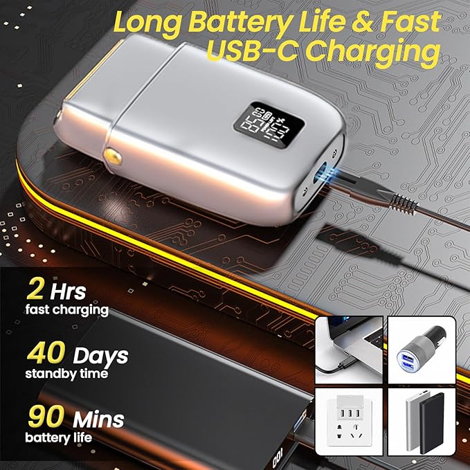 Electric Foil Shavers for Men, 3 Speed Electric Razor for Men, High Speed Dual Floating Blades, IPX7 Waterproof Wet & Dry, LED Display, USB Type C Charging, Foil Razor for Face/Beard/Head (Silver)