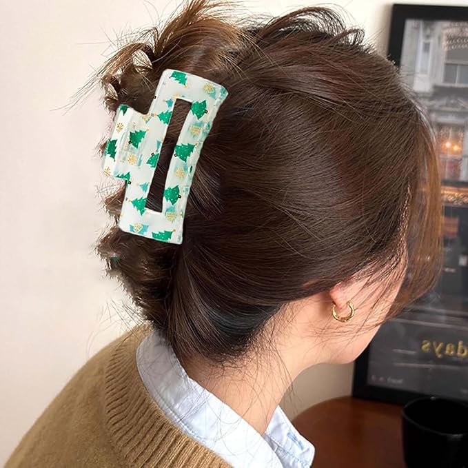 Christmas Tree Claw Clips,1pc Acrylic Hair Clip, Rectangular Large Hair Claw Clips for Thick/Thin Hair, Transparent Green Tree Design Medium Hairpin, Cute Hair Accessories for Christmas