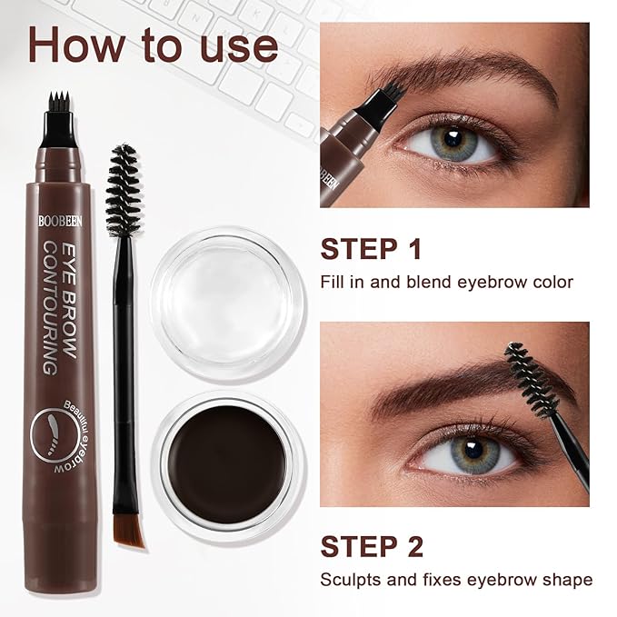 Boobeen Waterproof Eyebrow Pencil with Pomade, Brow Gel with Dual-ended Brush, Long-Lasting Natural Hair-Like Brows for All Skin Tones, Brown