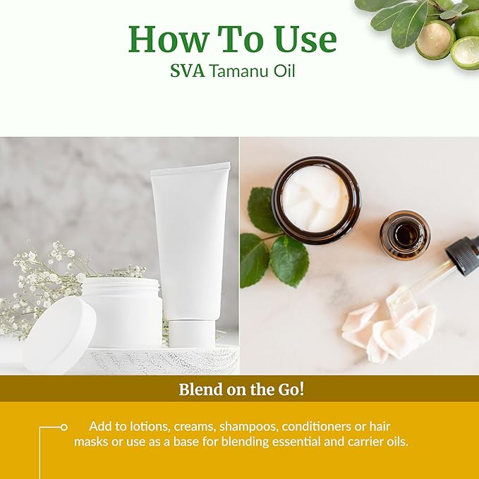 SVA Tamanu Oil - 4 Fl Oz – 100% Natural Cold Pressed Tamanu Oil - for Face, Skin Care, Hair Care, Scalp Massage & Body Massage – Carrier Oil with Dropper