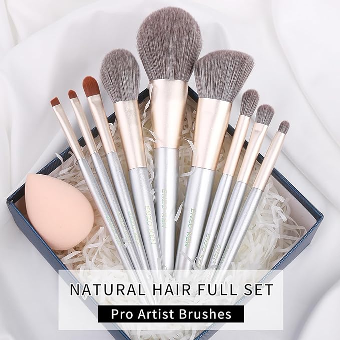 Natural Hair Makeup Brushes Set Professional, Grey Squirrel Hair Makeup Brush Set with Case, Unique Cosmetic Brushes Makeup Set, Natural Makeup Brushes, Natural Bristle Makeup Brushes -Silver