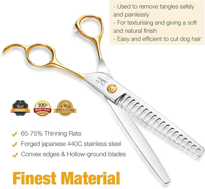 JASON 7.5" 18-Teeth Chunkers Shears for Dogs Cats Grooming Texturizing Blending Thinning Scissor Pets Trimming Kit Sharp Gold Shear for Right Handed Groomers Christmas Gift