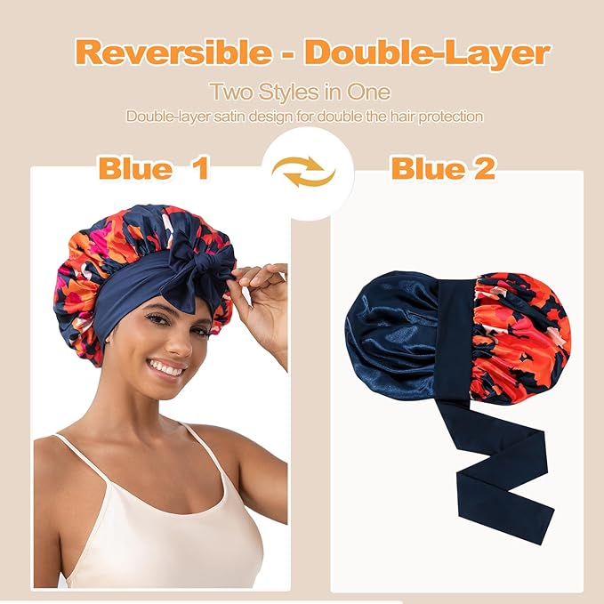 GDTOGRT Satin Silk Bonnet for Sleeping Women - Double Layer Sleep Hair Bonnets Caps for Curly Braid Hair with Tie Band