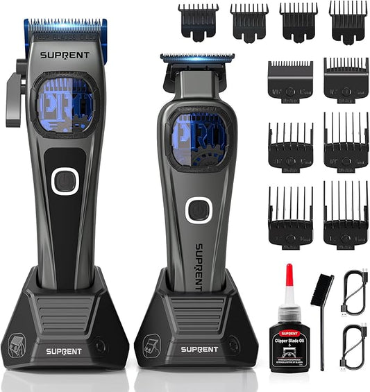 SUPRENT Professional Hair Clippers for Men - Cordless Barber Clippers & Zero-gapped Trimmer Set, Haircutting Kit with 10000 RPM Motor Speed, Blue Titanium-Coated Blades, Charging Stands (Gray)