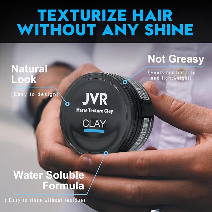 JVR Hair Clay for Men and Women, Medium Hold Matte Finish Texturizing Clay Hair Product Men with Natural and Organic Ingredients, Easy To Wash Out, For All Hairstyles Cream (2.86 oz)