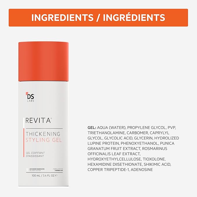 DS Labs Revita Hair Styling Gel for All Hair Types - Medium Hold, Volumizing & Thicker Looking Finish, With Ginseng, Zinc & Caffeine, Water Based, No Flakes or Residue, 3.4 Fl Oz