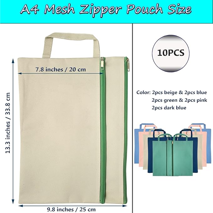 A4 Mesh Zipper Pouch, Waterproof File Bag with Handle,Foldable Document Organizer for School, Office, Travel - Durable Folder with Puzzle Project/Cross Stitch (10)