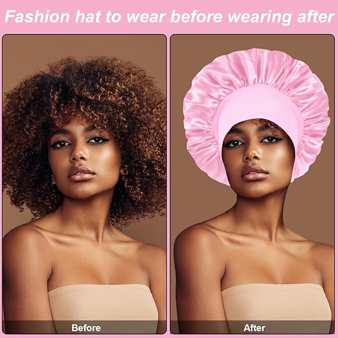 4Pcs Silk Satin Hair Bonnets for Sleeping - Elastic Wide Band Satin Hair Wrap for Sleeping Black Women Men,Silk Bonnets for Curly Hair(Black & Pink & Blue & Purple)