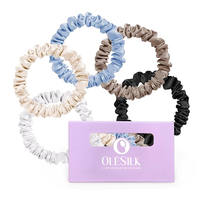 OLESILK Silk Hair Ties for Women: 100% Mulberry Skinny Silk Scrunchies, Soft Smooth No Damage No Crease for Thin Fine Curly Hair 5 Pack, Multi-5