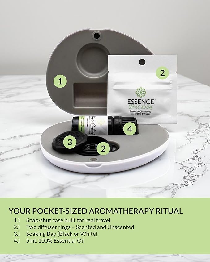 Essence Pearl Travel Case - Wearable Aromatherapy Kit with Nasal Diffuser Rings, Soaking Bay, and 5mL Essential Oil – Portable Wellness Gift Set for On‑The‑Go Self Care