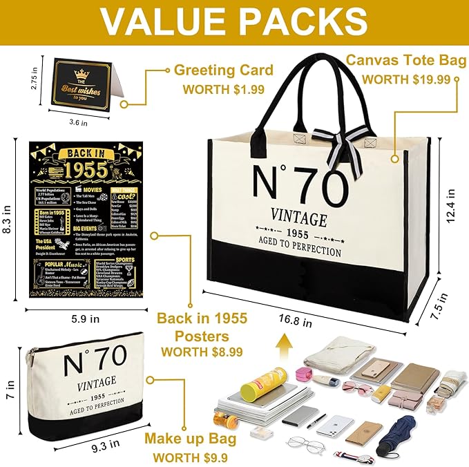 70th Birthday Gifts for Women Canvas Tote Bag Travel Gear, Unique 70 Years Old Gifts for Wife Sister Mom Aunt Friends Her, Vintage N°70 Handbag & Cosmetic Bag & Back in 1955 Poster