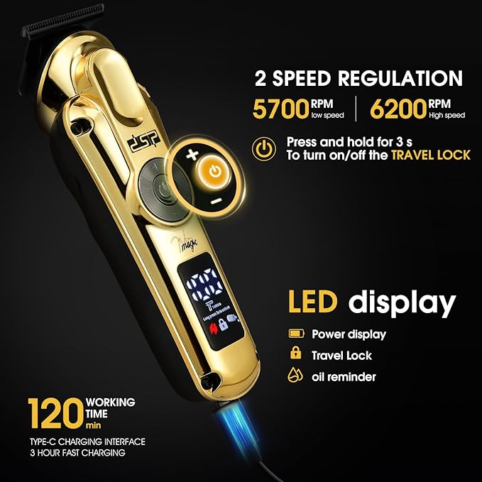 DSP Men's Grooming Kit, Beard Trimmer for Men, Nose Trimmer, Body Trimmer, Foil Shaver, T-Blade, Mustache, Cordless Hair Trimmer, IPX6 Waterproof,2 Speeds Adjustable, Gift for Men (Gold)