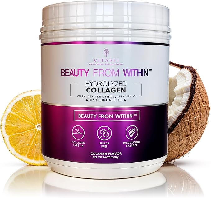 VITASEI Hydrolyzed Collagen Peptides Powder with Resveratrol & Vitamin C – Hair, Skin & Joint Support – Colágeno Hidrolizado for Women & Men – Refreshing Coconut Lemonade Flavor, 16 oz (30 Servings)