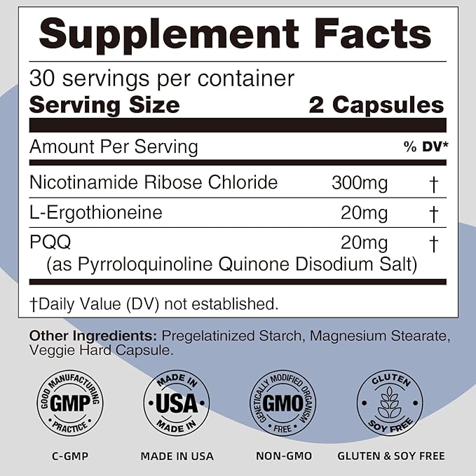 NR Nicotinamide Riboside Supplement 300mg, Supports NAD+ Precursor Production, 60 Capsules, with L-Ergothioneine and PQQ for Cell Regeneration & Anti-Aging