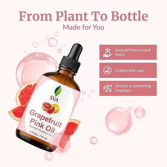 SVA Grapefruit Essential Oil Pink – 4 Fl Oz – 100% Natural Grapefruit Oil - for Diffuser, Hair Care, Face, Skin Care, Aromatherapy, Scalp and Body Massage, Soap and Candle Making - with Dropper