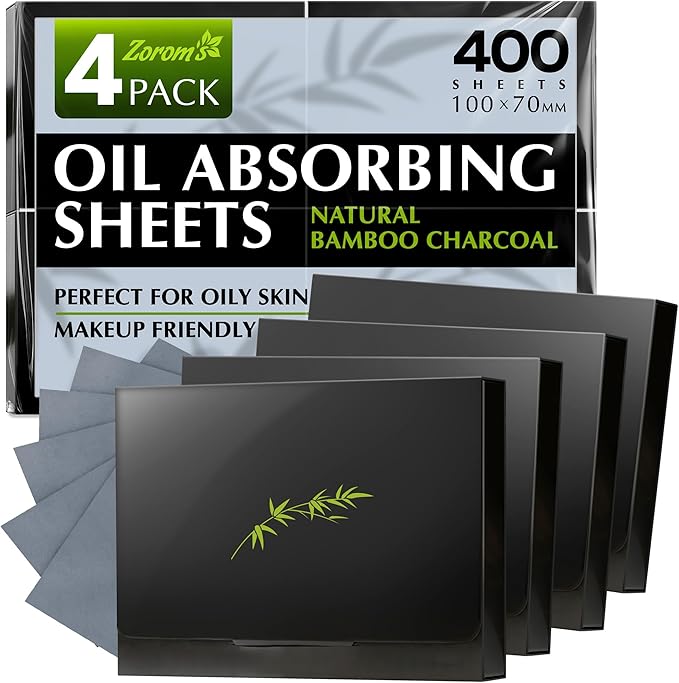 Natural Oil Blotting Sheets for Face with Bamboo Charcoal - 4pk/400 Makeup Friendly Oil Absorbing Sheets for Face - Blotting Papers for Oily Skin - Perfect for Keeping in Purse - Oil Control Film