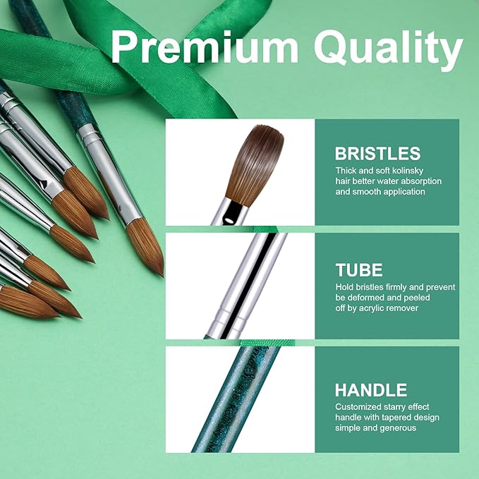 Acrylic Nail Brush Size #16, 100% Pure Kolinsky Nail Art Brushes for Acrylic Application, Sturdy Starry Handle Oval Shaped Nail Design Tools for Professional Manicure DIY, Green
