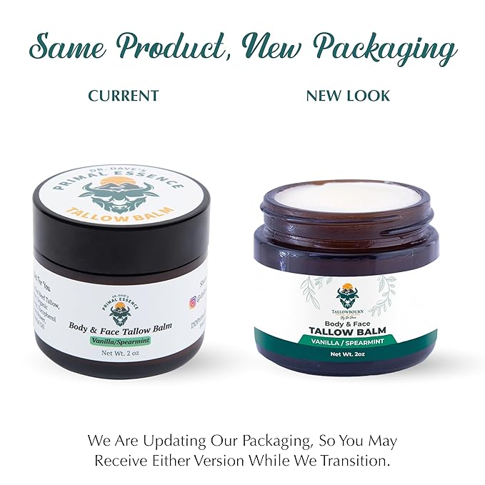 Dr. Dave's Primal Essence Grass Fed Beef Tallow Balm for Face and Body with Shea Butter, Organic Jojoba Oil, Honey, and Beeswax – Beef Tallow for Skin – Vanilla and Spearmint – 2 oz